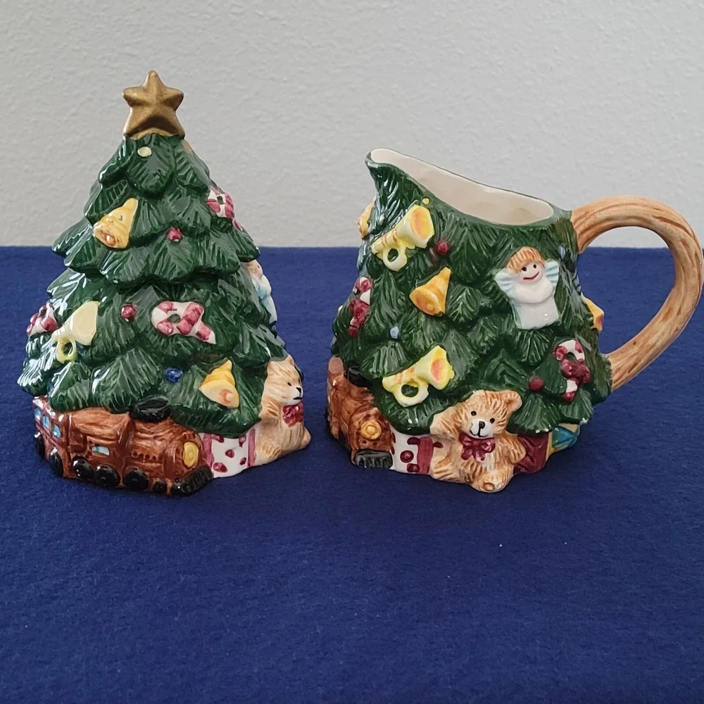 Home Trends Earthenware Christmas Tree Sugar Creamer NO SPOON Box 1995 Vintage